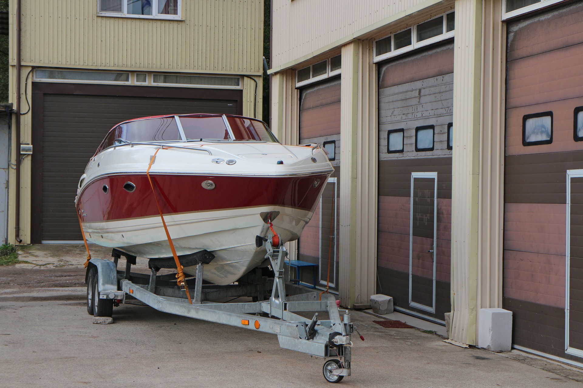 motor yacht on a trailer at the boathouse